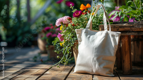Blank cotton tote bag shopper mock-up on wooden floor outdoors, Summer garden with flowers background with copy space for text. Template for eco friendly branding