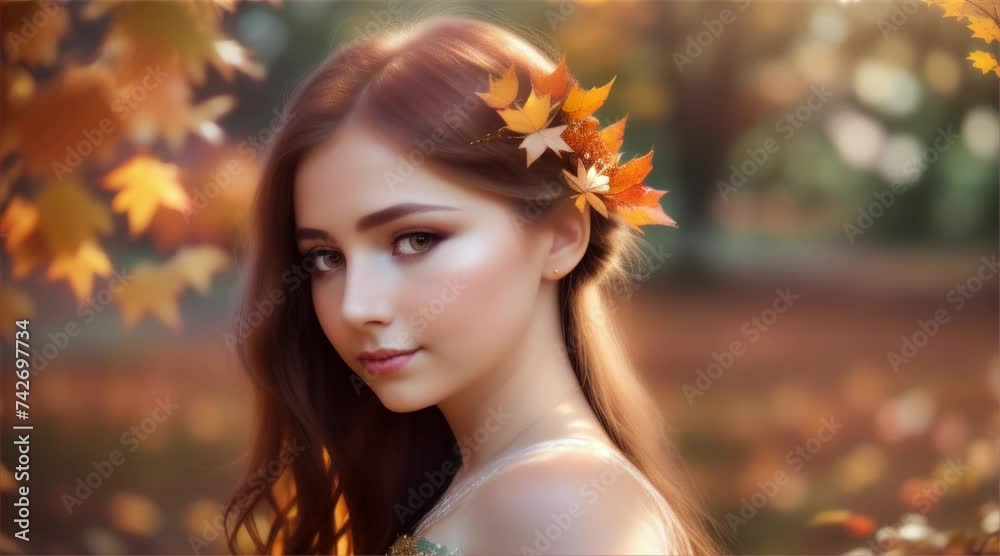 Charming portrait of a woman with long blonde hair against an autumn garden. Charming portrait of a woman with long blonde hair against an autumn garden.