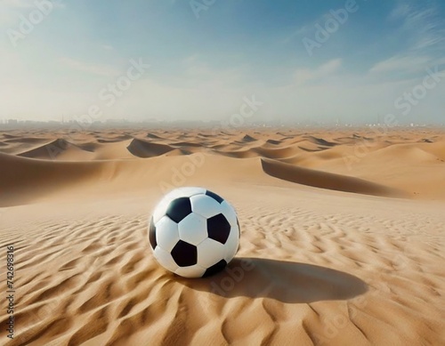 Football ball resting on the desert dunes. Concept: football in the Arab world