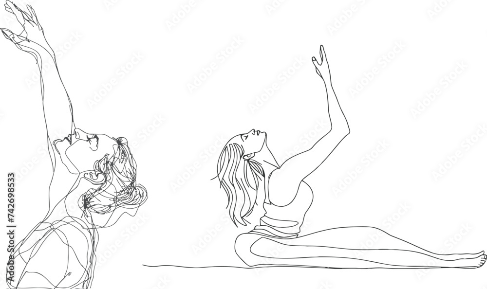 Continuous single one line drawing of woman stretching hand to relaxation Continuous single one line drawing of woman stretching hand to relaxation