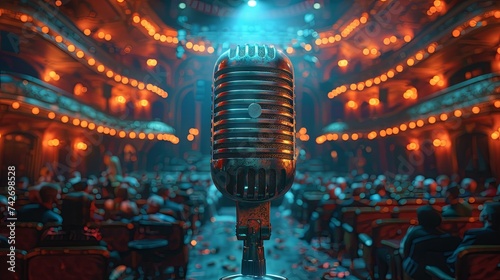 an open microphone in the theater with crowd of people, in the style of photo-realistic landscapes, dark teal, shaped canvas, neue sachlichkeit, poster. Generative AI photo