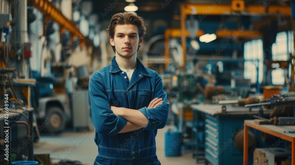 Confident young man mechanic in a blue overalls standing proudly in an industrial workshop, with arms crossed, smiling, Confident young man mechanic in a blue overalls standing proudly in an industrial workshop, with arms crossed, smiling,