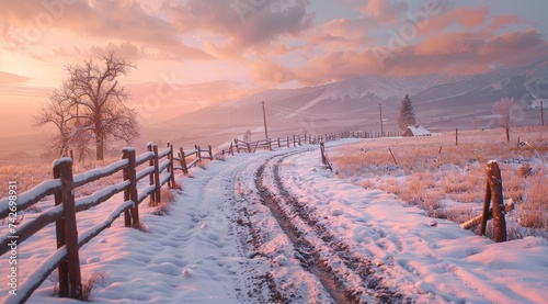 view of a snowy road with fences during a sunset on a cloudy day