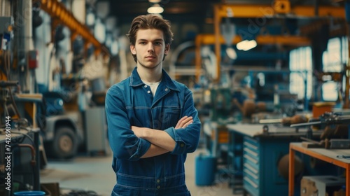 Confident young man mechanic in a blue overalls standing proudly in an industrial workshop, with arms crossed, smiling,