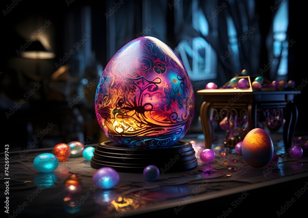 Fototapeta premium Colorful easter eggs in a wooden bowl on a black background. Painted Easter eggs on a table in a dark room. Easter concept.. Generative AI