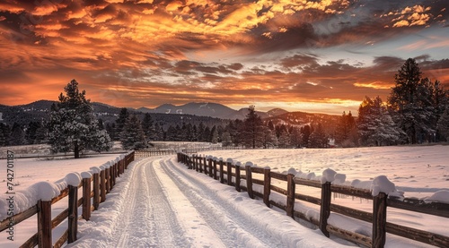 view of a snowy road with fences during a sunset on a cloudy day © DailyLifeImages