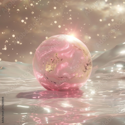 Planet in water with small stars in pink tones
