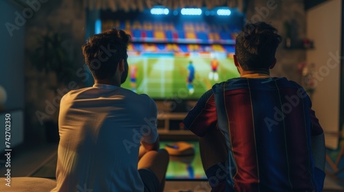 two friends are watching a match on TV, the men are dressed in sports T-shirts, one T-shirt is white,