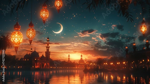 Ramadan Kareem background with mosque, lanterns and crescent moon
