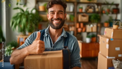 The concept of moving day A happily smiling employee providing overall moving services stood in the living room of the new house, holding a cardboard box and giving a thumbs up. photo