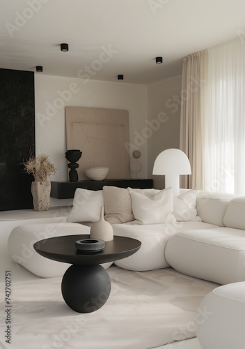 A sleek  modern living room showcasing a monochrome theme  designer furniture  and curated artistic decor in a minimalist setting