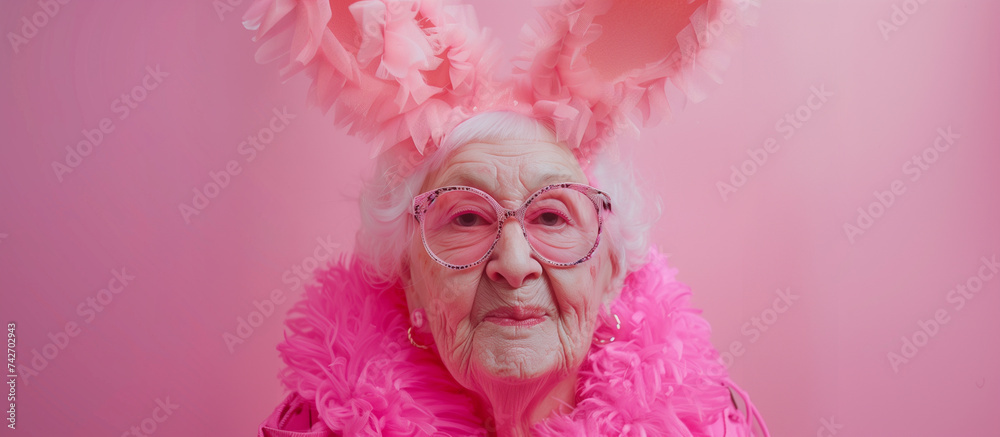Portrait of an elderly woman in a playful bunny costume, complete with heart-shaped glasses, exuding joy and youthfulness