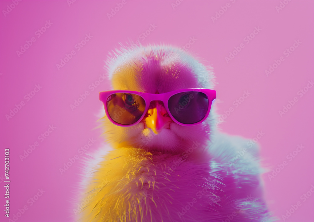 A cute baby chick wearing pink sunglasses, posing with attitude on a neon pink background, perfect for unique and playful concepts A cute baby chick wearing pink sunglasses, posing with attitude on a neon pink background, perfect for unique and playful concepts