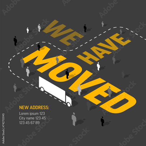 We have moved dark and yellow minimalistic flyer template with isometric icons