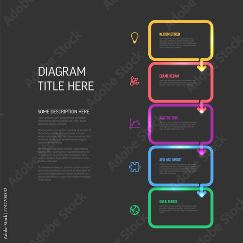 Minimalistic five steps dark vertical  elements template with rounded rectangles