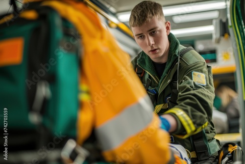 Photography of a paramedic during and emergency, unloading patient on oxygen from an ambulance