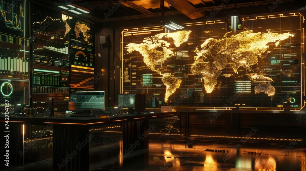 A dimly-lit bar pulsates with energy as patrons gather around a sprawling indoor map, mesmerized by the colorful reflections dancing across the large screen
