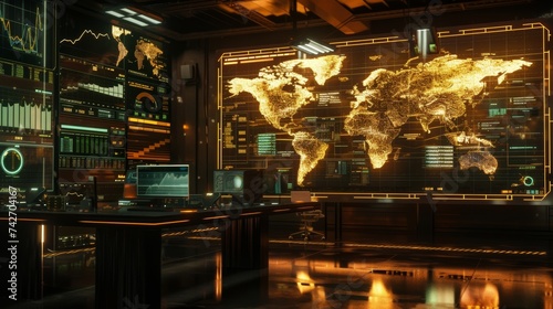 A dimly-lit bar pulsates with energy as patrons gather around a sprawling indoor map, mesmerized by the colorful reflections dancing across the large screen