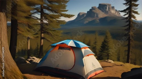 Camping in the mountain landscape with a tent amidst nature's beauty photo