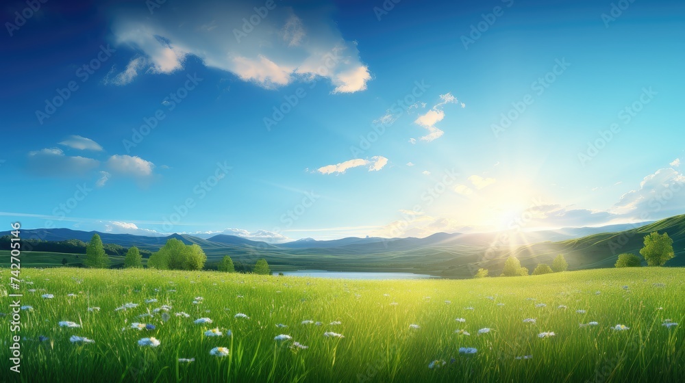 Radiant Spring Sunrise Over Lush Meadow - Splendor of Nature Generative AI