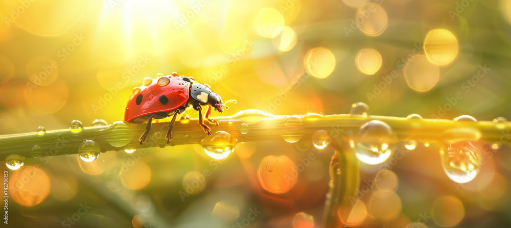 Naklejka premium Macro Magic, Raindrops Adorning Ladybug in Soft Morning Glow