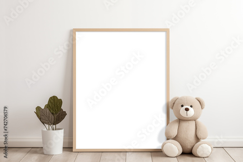 A mockup of a poster wooden frame on white wall with a teddy bear. Generative AI.