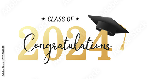 Class of 2024. Congratulations graduates with black and gold design isolated on white background for banner, greeting card, stamp, logo, print, invitation.Graduation event concept. Vector illustration