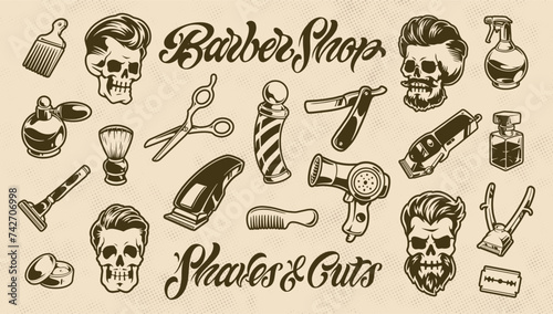 Barbershop elements vintage sticker monochrome