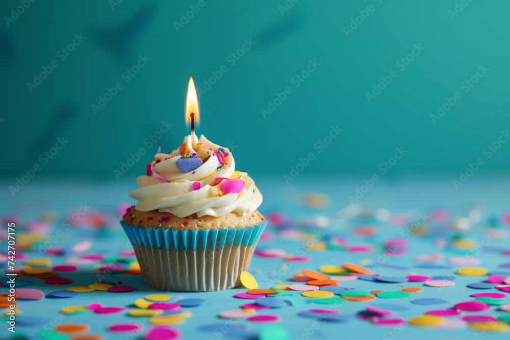 A cupcake, with a single lit candle, is placed on a blue table, surrounded by bright color confetti.