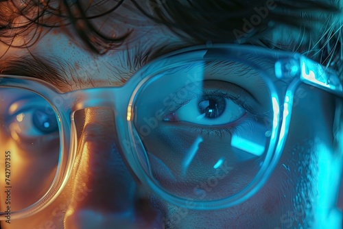 close up of a man wearing screen glasses with reflections on lenses