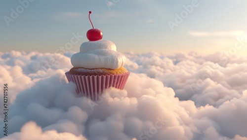 A cupcake, with a cherry on it, is seen flying above the clouds, the scene is captured with a tracing effect, showcasing bright colors. photo