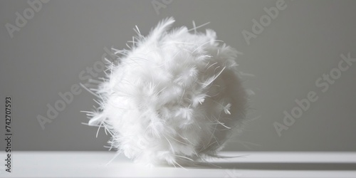 A white fluffy ball of fur, adorned with feathers, is presented on a white surface, showcasing filthy sculptures, layered fibers, recycled materials, and blurred imagery.