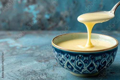 A spoon is seen pouring white sauce into a bowl on a blue background, showcasing childhood arcadias, raw vulnerability, unpolished authenticity, and light yellow and light amber colors. photo
