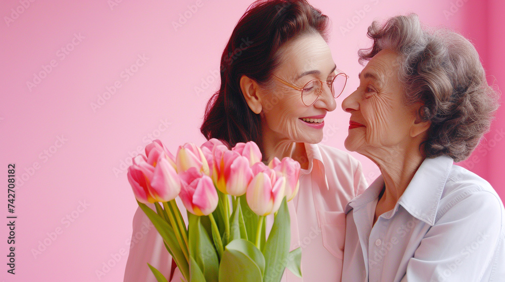Happy mother's day! Beautiful young woman and her mother with flowers