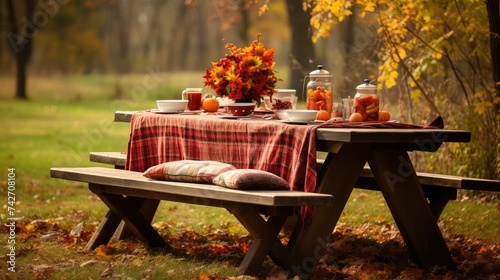 Fototapeta Naklejka Na Ścianę i Meble -  drinks fall picnic table