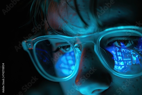 close up of a man wearing screen glasses with reflections on lenses