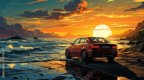 Vintage car driving along coastal road at sunset with stunning beach landscape and sea views in transport collectio, generative AI photo
