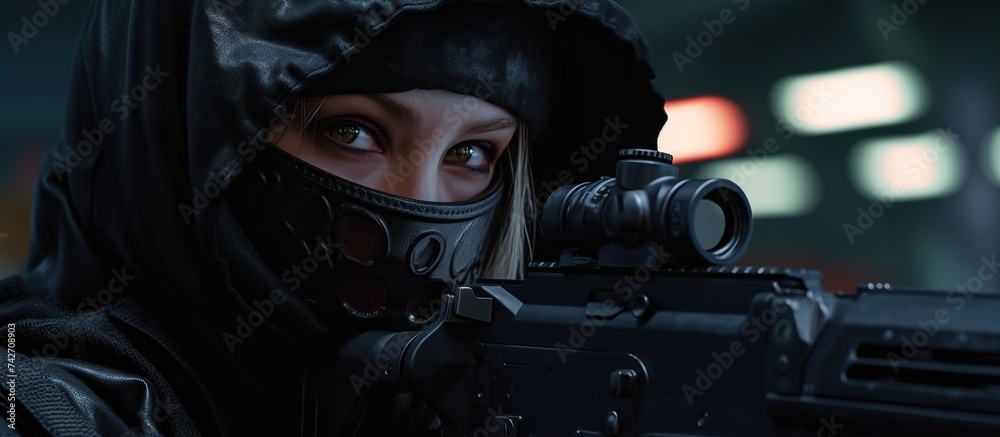 Futuristic woman wears a jacket and carries a rifle to target enemies. Generative AI. Futuristic woman wears a jacket and carries a rifle to target enemies. Generative AI.