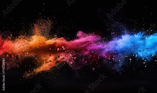 Explosion of bright colorful paint on black background, burst of multicolored powder, abstract pattern of colored dust splash