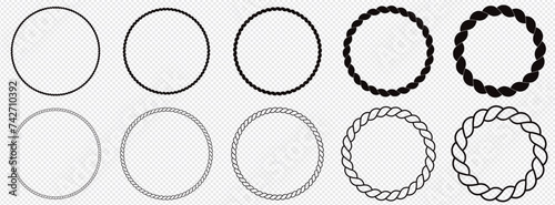 Round rope curve symbol set. Different thickness circular ropes set for decoration. Vector isolated on transparent background.
 photo