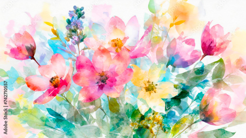 Watercolor illustration of spring summer flowers on white background