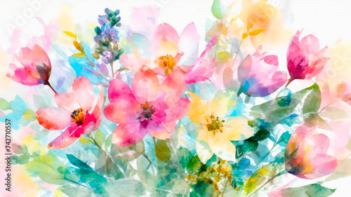 Watercolor illustration of spring summer flowers on white background
