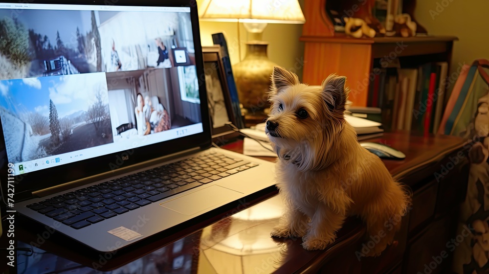 online video conference dog - obrazy, fototapety, plakaty 