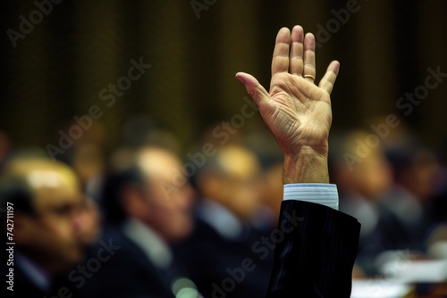 hands raised up in conference room 
