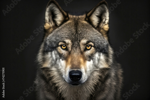 Portrait of a beautiful wolf with a penetrating look. Animal on black background. Generative AI