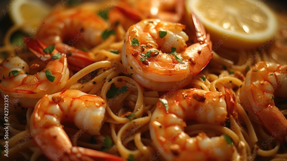Delicious plate of pasta with shrimp and a fresh lemon wedge, perfect for seafood lovers. Great for restaurant menus or food blogs