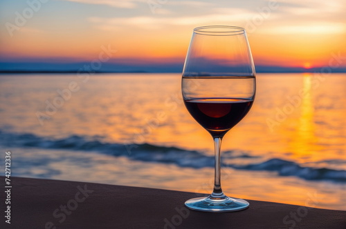 Red Wine Glass Against Ocean Sunset