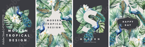 Floral vector watercolor frames and bouquets of tropical peacock feathers, leaves and flowers for greeting or invitation