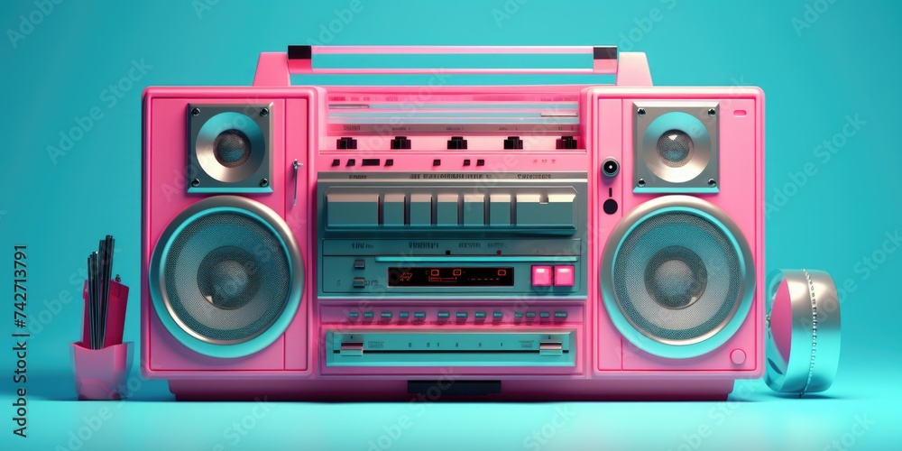 Fototapeta premium A pink boombox placed on a blue surface. Suitable for music and technology concepts