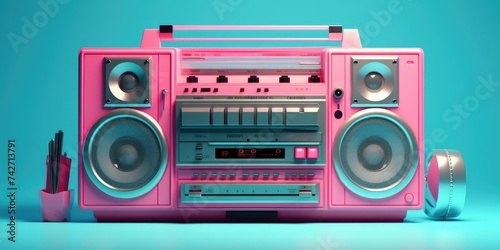 A pink boombox placed on a blue surface. Suitable for music and technology concepts